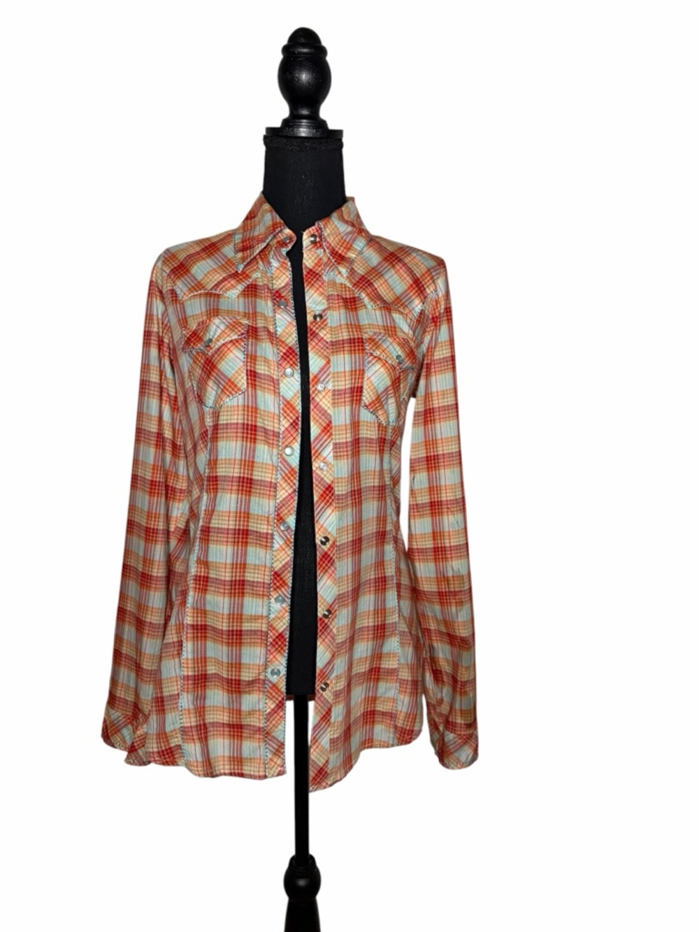 Roper Plaid Button-Down in Coral, Light Blue, and Cream Shirt S